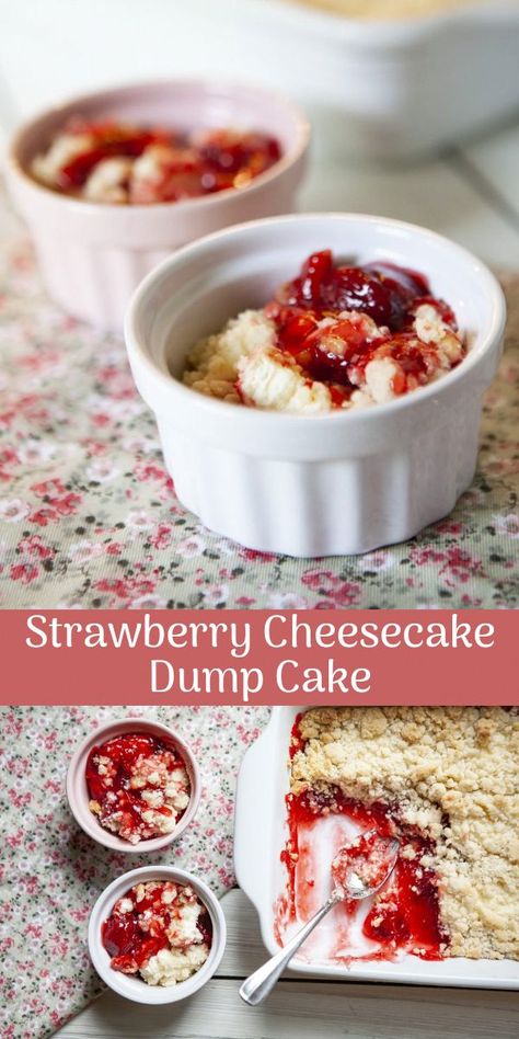 This strawberry cheesecake dump cake is an easy dessert that packs big flavors of creamy cheesecake and sweet strawberries. This crowd pleaser is perfect for a family dessert or to top off the perfect home date night.  #dessert #dessertrecipe #dumpcake #dessertrecipes Strawberry Cheesecake Dump, Strawberry Cheesecake Dump Cake, Cheesecake Dump Cake, Night Dessert, Home Date Night, Family Desserts, Kinds Of Desserts, Dump Cake Recipes, Dump Cake