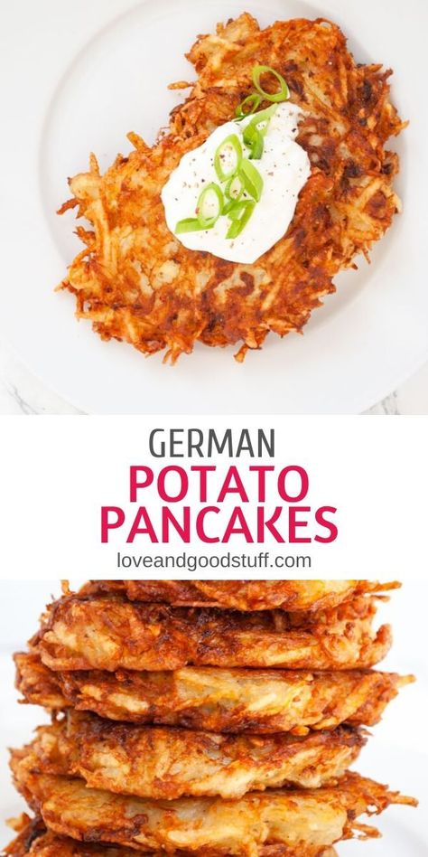 German Potato Cakes Recipe, German Potatoes Pancakes, Potato Onion Pancakes, German Potato Pancakes Easy, Easy German Side Dishes, German Dishes Easy, German Inspired Food, German Potato Pancakes Authentic, German Side Dishes Easy