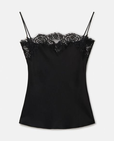 Discover Stella's Black Guipere Lace Trim Satin Cami Top today. Free standard shipping is available on all orders. Shop online now. Barbie Sewing, Satin Cami Top, Satin Cami, Guipure Lace, Black Lace Tops, Satin Top, Stella Mccartney Adidas, Black Sleeveless, Cami Top