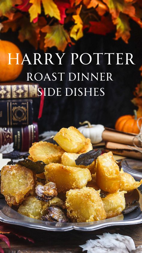 English Roast Dinner, Sage Potatoes, Characters Of Harry Potter, Roast Dinner Side Dishes, Harry Potter Feast, Harry Potter Dinner, Roast Dinner Sides, Harry Potter Cookbook, English Roast