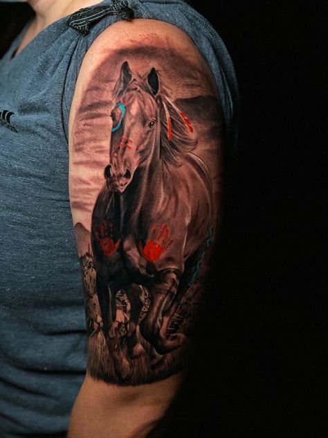 Native Horse Tattoo, Native American Horse Tattoo, Indian Horse Tattoo, Cowboy Tattoo Western, Indian On Horse, Western Sleeve, Deer Tattoos, Antler Tattoos, Native Horse