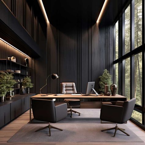 Modern Moody Office, Wall Tiles Hallway, Black Wall Paneling, Chihuahua Wedding, Modern Exterior House Colors, Tiles Hallway, Ceo Office Design, Wall Paneling Ideas, Masculine Office