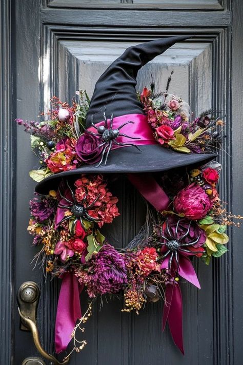 "Create a whimsical and spooky DIY Witch Hat Wreath for your Halloween decor! 🎃🧙‍♀️ Perfect for making your door stand out. #DIYWitchWreath #HalloweenDoorDecor #SpookyWreathInspo" Diy Witch Hat, Halloween Witch Hat Wreath, Witch Hat Wreath, Door Stand, Diy Witch, Spooky Wreath, Spooky Diy, Hat Wreath, Witch Wreath