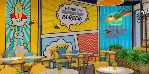 Yellow Burger & Fries - Oman 2nd Restaurant på Behance Burger Mural Wall Art, 2d Restaurant Design, Pop Art Restaurant, Burger Restaurant Design, Yellow Restaurant, Orange Restaurant, Small Restaurant Design, Burger Fries, Outdoor Restaurant Design