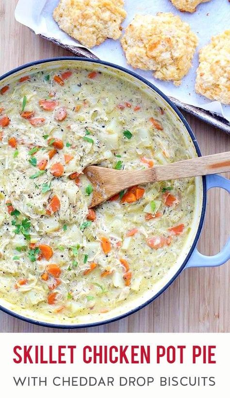 This easy chicken pot pie has all the flavors you crave - chicken (use rotisserie to save time), butter, carrots, cream, thyme, flaky pastry (in the form of buttery biscuits) - except it's much thicker & heartier thanks to the addition of potatoes. Fix the filling in a skillet on the stovetop and while that simmers, mix together a quick batch of cheddar garlic drop biscuits to pop in the oven. This combo is homemade comfort food heaven! #comfortfood #chickenrecipe #potpie Garlic Drop Biscuits, Rotisserie Chicken Pot Pie, Skillet Chicken Pot Pie, Cheesy Garlic Biscuits, Butter Carrots, Homemade Comfort Food, Homemade Chicken Stock, Queso Cheddar, Easy Chicken Pot Pie