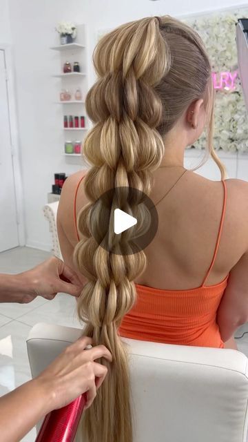 Different Braids For Long Hair, Banana Bushel Braid Tutorial, Ponytail Hairstyles With Designs, 4th Of July Bubble Braids, Softball Hairstyles For Picture Day, Long Hairstyles For Homecoming, Bubble Braids Sports, Fun Braided Hairstyles For Long Hair, Crazy Updos Creative