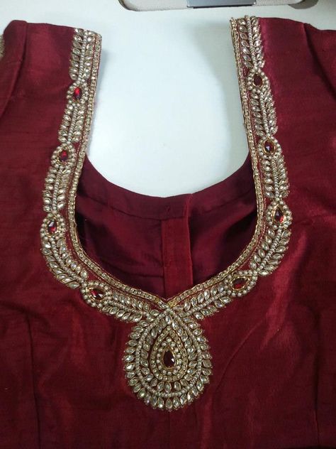 Kundan Stone Aari Work, Stone Aari Work Blouse, Stone Work Blouse, Zardosi Work, Maggam Work Designs, Kundan Work, Kids Blouse Designs, Cutwork Blouse Designs, Simple Embroidery Designs