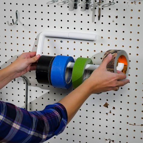 paper towel holder tape storage Rangement Art, Casa Garage, Basement Organization, Tape Storage, Shed Organization, Garage Tool Storage, Basement Ceiling, Diy Garage Storage, Garage Storage Organization