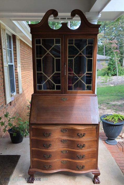 Secretary “Cottage” Desk Makeover - The Latina Next Door Painted Vintage Secretary Desk, Bleached Wood Secretary Desk, Decorating A Secretary Desk, How To Decorate A Secretary Desk, Secretary Desk Makeup Vanity, Secretary Desk Make Over, Art Deco Secretary Desk, Antique Secretary Desks Makeover, Updated Secretary Desk