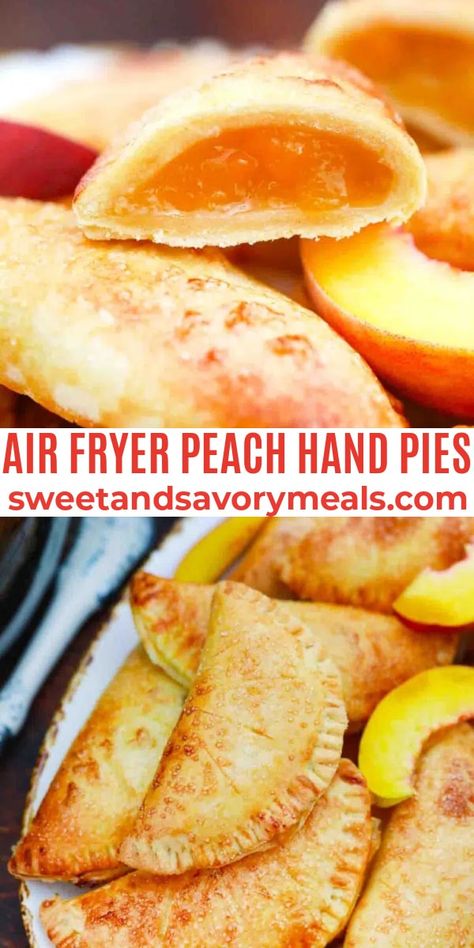 Air Fryer Peach Hand Pies are crispy and flaky on the outside and sweet and gooey on the inside, made with just 5 ingredients. Fried Peach Pies, Peach Hand Pies, Air Fryer Recipes Dessert, Meatloaf Dinner, Fried Pies, Savory Meals, Hand Pie, Air Fryer Oven Recipes, Peach Desserts