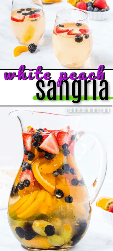 White peach sangria is a delicious summer cocktail! Moscato wine peaches and other fresh fruit make this a simple wine drink you'll make all summer long! #sangria #moscato #wine #peach #moscatococktail #summerdrink #winecocktail #summerdrink Peach Sangria Moscato, Pool Entertaining, Pineapple Beer, Peach Sangria Recipes, Moscato Sangria, White Peach Sangria, White Sangria Recipe, Fancy Coffee Drinks, Wine Cocktail Recipes