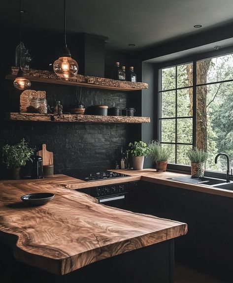 Dark Earthy Home, Live Edge Countertops, Earthy Kitchen, Freedom House, Wood Countertops Kitchen, Floating Shelf Decor, Moody Aesthetic, Earthy Home, Teak Wood Furniture