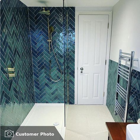 Teal Tile Bathroom, Teal Bathroom Tiles, Turquoise Bathroom Tiles, Herringbone Tile Bathroom, Bathroom 2023, Ensuite Ideas, Teal Tile, Turquoise Bathroom, Turquoise Tile