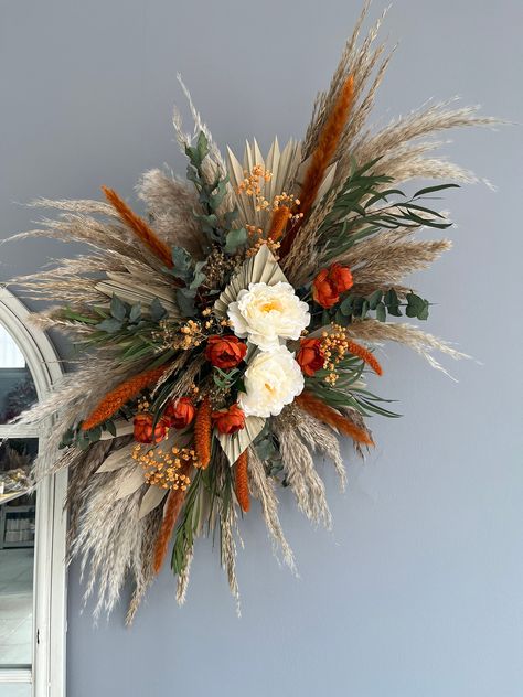 Sage Green Wedding Flowers, Flower Arch Arrangement, Pampas Flower, Wedding Pampas, Arch Arrangement, Orange Wedding Themes, Green Wedding Flowers, Burnt Orange Weddings, Wedding Flower Packages