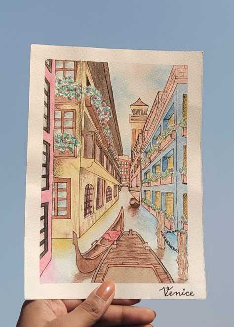 One Point Perspective Street View, One Point Perspective Painting, One Perspective Drawing, One Point Perspective Drawing, 1 Point Perspective Drawing, 1 Point Perspective, Kawaii Cups, Watercolor City, One Point Perspective