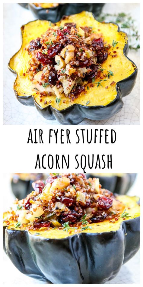 Air Fryer Stuffed Acorn Squash on a white plate. Roasting Squash, Air Fryer Acorn Squash, Acorn Squash Stuffed, Stuffed Squash, Stuffed Acorn Squash, Acorn Squash Recipes, Air Fried Food, Squash Recipe, Acorn Squash