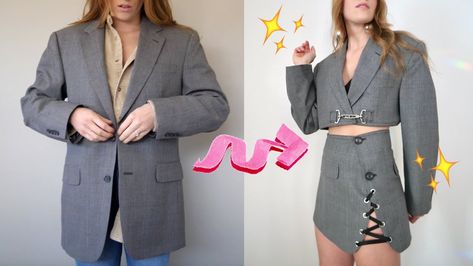 Diy Crop Blazer, Diy Cropped Blazer, Blazer Thrift Flip, Suit Upcycling, Diy Blazer Refashion, Crop Blazer And Skirt, Blazer Upcycle, Blazer Diy, Stylish Outfits For Women