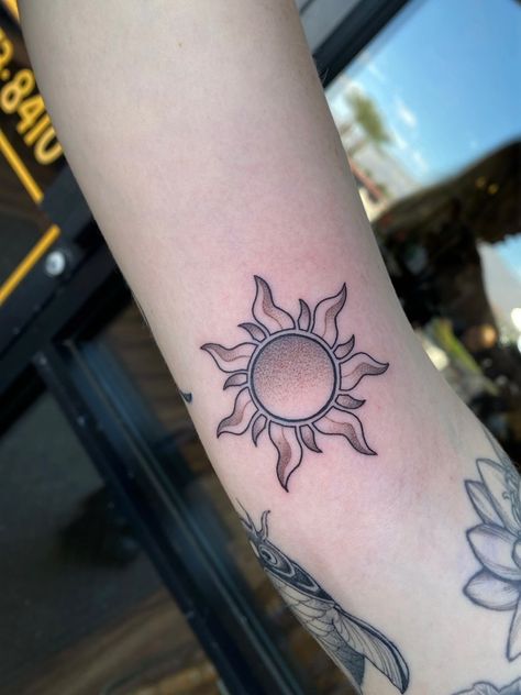 Rapunzel Outline Tattoo, Tangled Rapunzel Sun Tattoo, Rapunzel Tower Tattoo, Tangled Star Tattoo, Tangled Rapunzel Tattoo, Tangled Inspired Tattoo, Rapunzel Sun Tattoo, Rapunzel Tattoos, Sun From Tangled