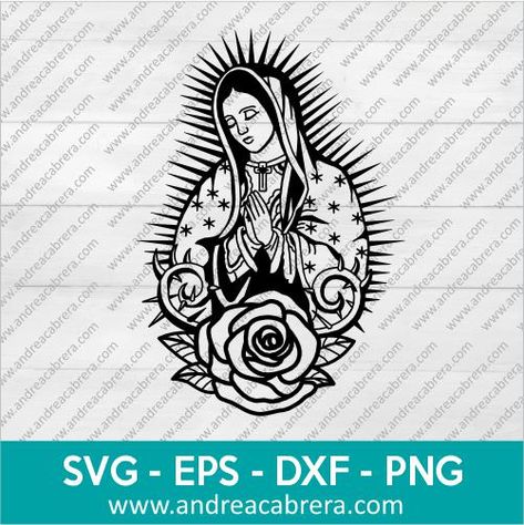 Virgin Mary Outline, Guadalupe Illustration, Virgin De Guadalupe Wallpaper Black And White, Virgin Mary Svg, Our Lady Of Guadalupe Clip Art, Traditional Tiger Tattoo, Virgencita Shirt, Rosas Vector, Aztec Drawing