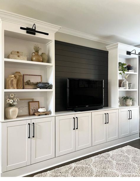 Painted Living Room Built Ins With Tv, Media Wall Using Kitchen Cabinets, Built In Bookcases With Tv, Built In Tv Wall Unit Minimalist, Ikea Media Wall Living Room, Ikea Living Room Tv Wall Ideas, Built In Tv Wall Unit Modern, Ikea Media Wall, Built In Media Wall