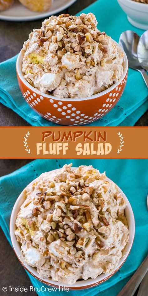 Pumpkin Fluff Salad - a fluffy pumpkin pudding with donut holes, pecans, and toffee bits stirred into it makes a great side dish or dessert. Easy fluff salad recipe to make for holiday dinners. Fluff Recipes, Dessert Salad Recipes, Cookie Salad, Thanksgiving Fruit, Fluff Salad Recipes, Pumpkin Fluff, Fluff Salad, Jello Dessert Recipes, Pumpkin Salad