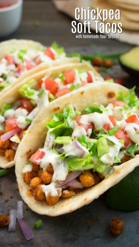 Vegan chickpea soft tacos are an easy and delicious meatless dinner alternative.  They’re packed with seasoned chickpeas, and topped with a savory 'cheesy' cashew ranch dressing!  These truly are the best vegan chickpea tacos! #veganmexicanrecipe #vegantacos #veganrecipe #chickpeatacos #summerrecipe Seasoned Chickpeas, Tacos Vegan, Chickpea Tacos, Vegan Mexican Recipes, Vegan Chickpea, Meatless Dinner, Soft Tacos, Chickpea Recipes, Meatless Meals