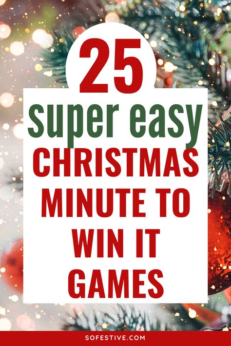 fun Christmas minute to win it games to play at a Christmas party. family Christmas party games don't have to be hard. Christmas Eve Party Games For Family, Games To Play On Christmas With Family, Interactive Family Christmas Games, Easy Fun Christmas Games, Christmas Group Party Games, Games To Play At Family Christmas Party, Christmas Win It In A Minute Games, Team Building Christmas Games, Employee Christmas Games