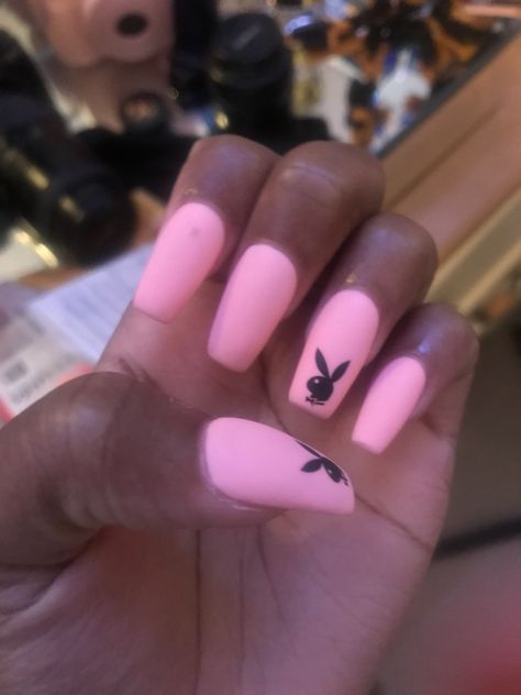 Playboy Bunny Nail Design, Play Boy Nails, Pink Matte Nails, Junk Nails, Bunny Nails, Acrylic Toes, Acrylic Toe Nails, Fire Nails, Chrome Nails