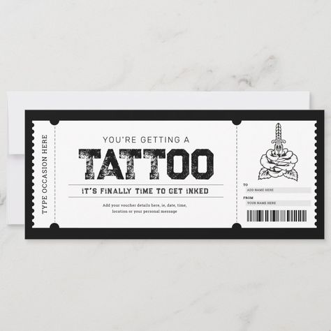 Tattoo Get Inked Gift Ticket Voucher Invitation Gift Voucher Template Printable Free, Tattoo Voucher, Shop Tattoo, Tattoo Vector, Voucher Design, Templates Printable Free, Get A Tattoo, Gift Vouchers, Personal Message