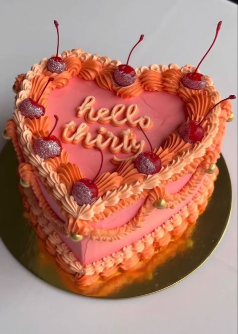 30 Year Old Birthday Cake, 30s Birthday Cake, 30th Bday Cake, Decorative Frosting, Heart Cake Designs, Vintage Cake Decorating, Orange Birthday Cake, Heart Shaped Birthday Cake, Hannah Ideas