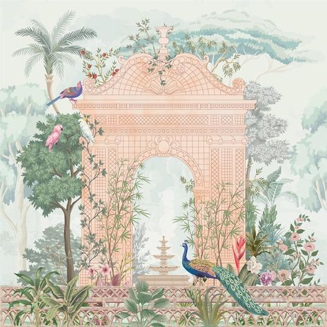 Bird Fountain, Trellis Garden, Plants Illustration, Mughal Art Paintings, Garden Illustration, Mughal Paintings, Peacock Bird, Indian Art Paintings, Flower Rose