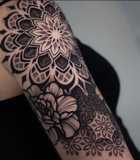 Black And Grey Sleeve Women, Partial Blackout Tattoo Sleeve, Black And White Sleeve Tattoo Women, Heavy Blackwork Tattoo, Dark Mandala Tattoo, Mandala Tattoo Sleeve Women, Mandala Arm Tattoos, Tattoo Sleeve Filler, Mandala Tattoo Sleeve