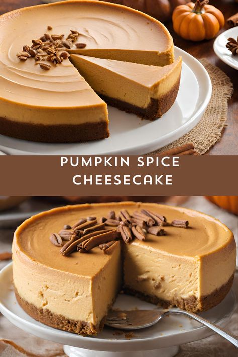 Embrace the cozy flavors of the season with our Pumpkin Spice Cheesecake! Rich, velvety cheesecake infused with warm pumpkin spice, nestled on a spiced graham cracker crust. Fall in love with every creamy, spiced bite! 🎃🍰 #PumpkinSpiceCheesecake #FallFlavors #myskinnyrecipes Spice Cake Cheesecake, Pumpkin Creme Brulee Cheesecake, Autumn Cheesecake Recipes, Spiced Pumpkin Cake, Fancy Cheesecakes, Fall Flavors Desserts, Punkin Cheesecake, Thanksgiving Cheesecake Recipes, Autumn Cheesecake