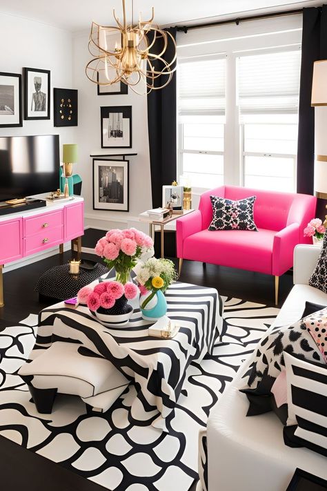 Transform your space with Kate Spade-inspired glam! ✨ Elevate every corner with playful patterns and chic vibes. 💕 Discover the art of sophisticated living – because your home deserves that stylish touch! 🏡 Explore the magic of Kate Spade-inspired interior design today. 🛋️✨ #KateSpadeStyle #InteriorDesign #HomeInspiration Black And White Living Room, Kate Spade Inspired, Small Room Decor, Living Room Decor Inspiration, Pink Living Room, Chic Vibes, Original Art Prints, House Inside, Living Room Decor Cozy