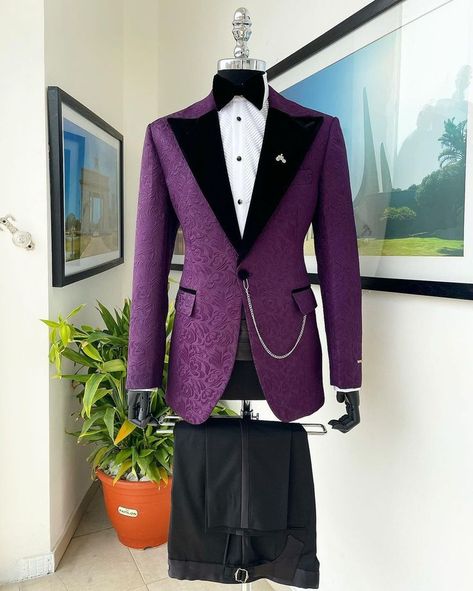 An Egg plant purple, peak lapel, floral patterned jacquard suit, pant trousers, Cummerbund & bow tie What you get : Suit Pant trousers Bow Tie Other items separately priced: Shirt Signature accessories Prom Boys Outfit, White Prom Suit, Purple Prom Suit, Pink Prom Suit, Red Prom Suit, Mens Suit Colors, Mens Tailored Suits, Green Wedding Suit, Jacquard Suit