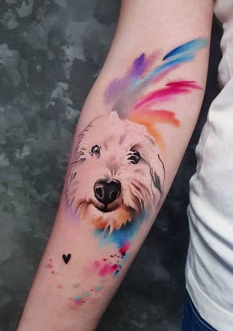 Watercolor Dog Tattoo, Tattoo Ideas Dog, Tatoo Dog, Dog Portrait Tattoo, Puppy Tattoo, Watercolor Beautiful, Dog Tattoo Ideas, Dog Memorial Tattoos, Pawprint Tattoo