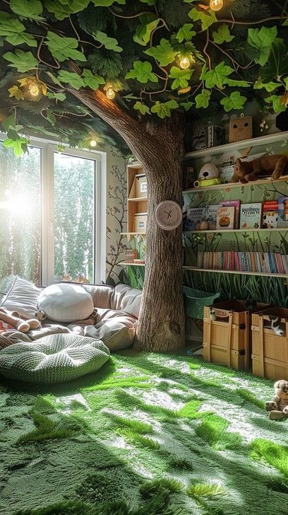 Enchanted Forest Apartment, Fake Trees In Bedroom, Fake Tree In Bedroom, Fairy Playroom, Forest Room Kids, Enchanted Forest Kids Room, Forest Kids Bedroom, Forest Branding, Witch Living Room