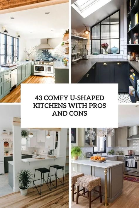 comfy u shaped kitchens with pros and cons cover U Shaped Kitchens, White Marble Tile Backsplash, White Stone Backsplash, Small U Shaped Kitchen, Neutral Kitchen Designs, G Shaped Kitchen, Kitchen Work Triangle, White Kitchen Countertops, White Tile Backsplash