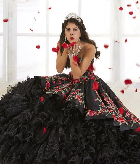 Look picture-perfect in this ruffled rose embroidered charro ball gown by House of Wu 26892. A red rose is the perfect companion for your event in this fantastic ruffle tulle, ball gown skirt and satin top Quinceanera dress. The embroidered rose makes for a unique charro gown which is characterized by a rich and lovely color. Matching jacket sold separately (Style #26892J). House of Wu Quinceanera Collection: Spring 2018 Style Number: 26892 Fabric: Satin/Embroidery Colors: Black/Multi, Ivory/Mul Black Charro Quince Dress, Twins Quinceanera, Black Quince Dress, Quinceanera Dresses Charro, Quinceanera Dresses Mexican, Black Quinceanera, Sleeveless Velvet Dress, Quinceanera Dresses Red, Vestido Charro