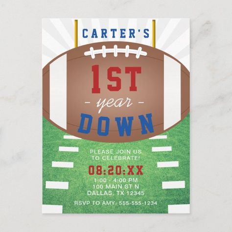 First Year Down Football Theme 1st Birthday Postcard Football Theme Birthday, Sports Birthday Invitations, Birthday Postcard, Sports Theme Birthday, Football Birthday Party, 1st Birthday Party Invitations, Football Theme, 2nd Birthday Party Themes, Birthday Postcards