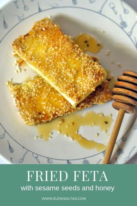 delicious fried feta coated with sesame seeds and topped with honey. Greek Fried Feta With Honey, Feta Honey Appetizer, Fried Feta With Honey And Sesame Seeds, Honey Fried Feta, Fried Feta With Honey, Sesame Feta, Fried Feta Cheese, Feta And Honey, Greek Fried Cheese