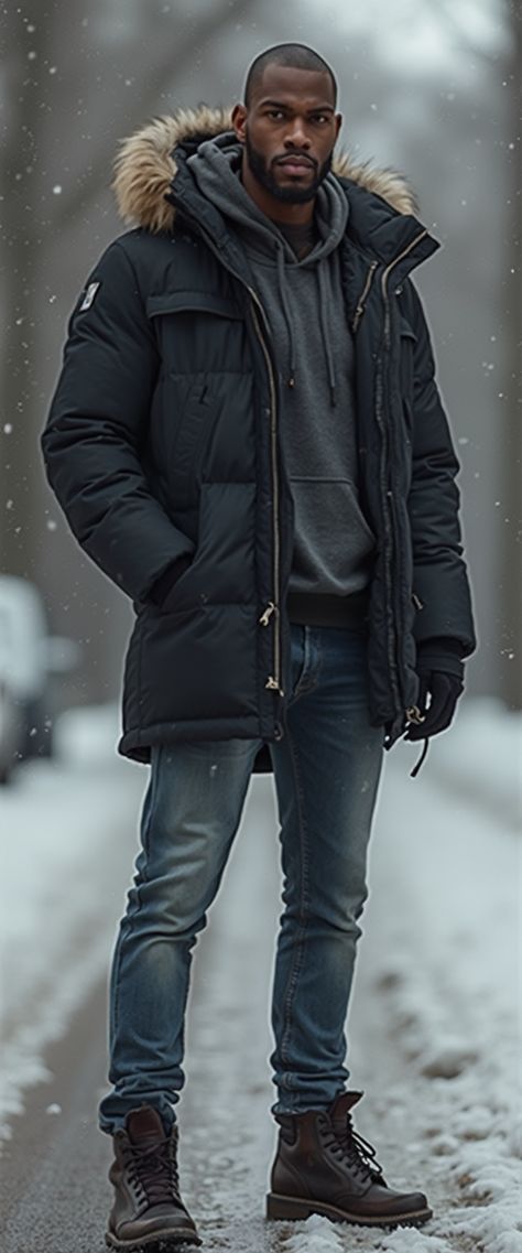 The image of a man dressed in a heavy-duty black parka with a fur-lined hood. The ensemble is complemented by a gray hoodie layered underneath, slim-fit jeans, and sturdy brown leather boots. Cold Weather Outfit Men, Heavy Winter Outfits, Extreme Cold Weather Outfits, Snowy Day Outfit, Snowy Backdrop, Storyboard Ideas, Hoodie Outfit Men, Cozy Winter Fashion, Black Parka