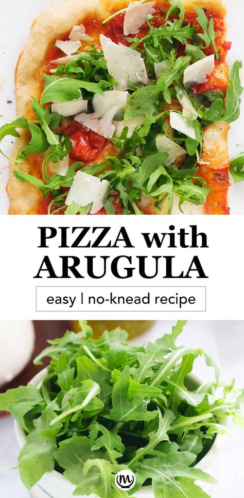 This crispy pizza with arugula is topped with tomato sauce, creamy mozzarella, fresh arugula and delicious shaved parmesan cheese. It's packed with flavor and so easy to make! #pizzarecipes #pizzadoughrecipes #arugularecipes Arugula Pizza Recipes, Pizza With Arugula, Feta Pizza, Crispy Pizza Crust, Arugula Pizza, Arugula Recipes, Shaved Parmesan, Italian Pizza Recipe, Crispy Pizza