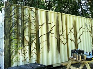 Nice way to blend container into natural setting Nature Mural, Shipping Container Sheds, Fest Ideas, Backyard Wedding Decorations, Shipping Container Design, Cargo Container Homes, Shipping Container Cabin, Violin Art, Container Conversions