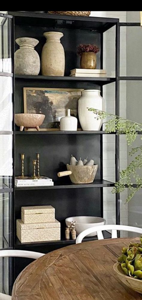 Magnolia Shelf Decor, Accessorizing Shelves Bookcase Styling, Display Case Decor, Black Cabinet Styling, Black Bookcase Decor, Rh Bookcase, Black Shelf Styling, Black Hutch Decorating Ideas, Styled Shelves Living Room