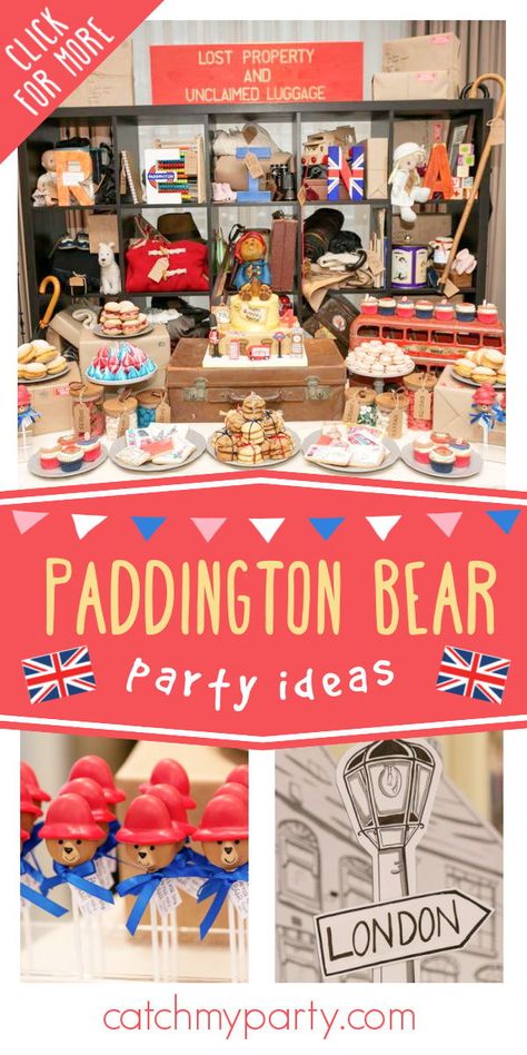 Pattington Bear Party, Paddington Tea Party, Paddington Bear 2nd Birthday Party, Paddington Party Decorations, Paddington Bear Themed Party, Paddington 1st Birthday, British Birthday Party, Paddington Birthday Party Ideas, Paddington Bear 1st Birthday Party