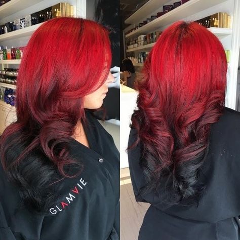 Red To Black Ombre Hair Reverse, Red On Top Black On Bottom Hair, Red To Black Hair, Red Hair Black Tips, Black Hair Red Tips, Reverse Ombre Hair, Pelo Color Vino, Rose Gold Hair Brunette, Black Hair Ombre