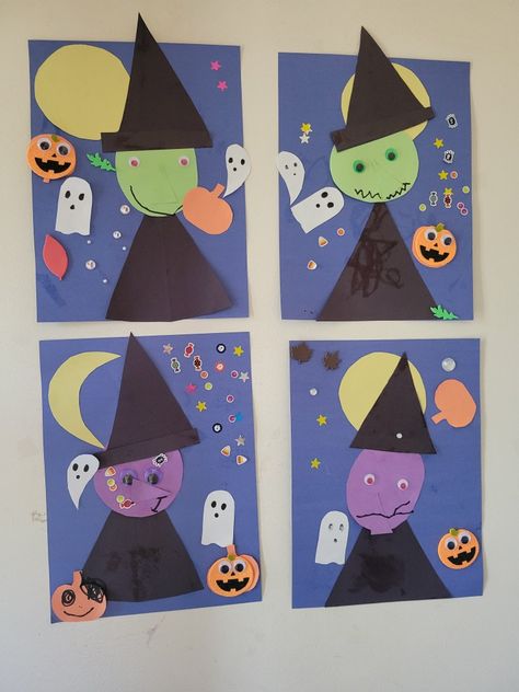 Halloween Shape Crafts Preschool, Halloween Crafts School Age, Easy Halloween Art Preschool, Bat Process Art Preschool, Halloween Art Projects Preschool, Witch Art Preschool, Shape Halloween Crafts, Halloween Crafts For Three Year Olds, Preschool Halloween Classroom Decor