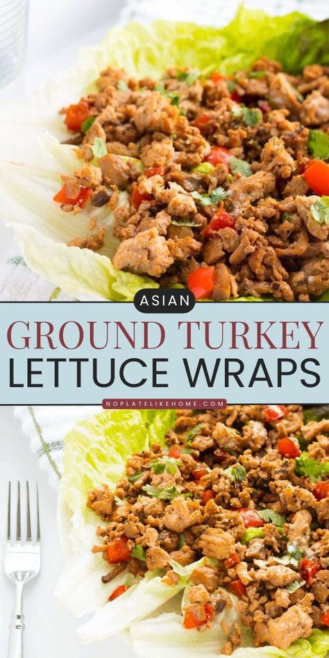 These Asian Ground Turkey Lettuce Wraps are an easy low-carb dinner with ground turkey, mushrooms, red bell peppers, and garlic. This healthy dinner recipe also makes a simple lunch idea for the family. Save this pin!