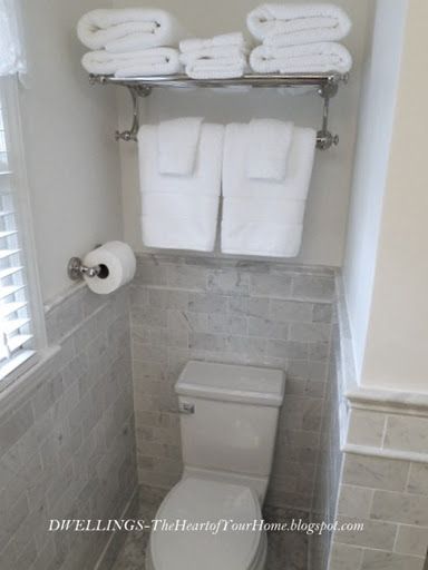 Guest bath. Idea for more storage. Towel Bar Above Toilet, Bathroom Shelf Above Toilet, Shelf Above Toilet, Above Toilet, Shelves Above Toilet, Bathroom Towel Decor, Decorating Bathroom, Over Toilet, Bad Inspiration